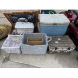 AN ASSORTMENT OF WICKER BASKETS AND A LLYOD LOOM STYLE OTTOMAN