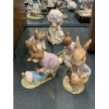 FIVE BESWICK BEATRIX POTTER FIGURES TO INCLUDE PETER WITH POSTBAG, MR BENJAMIN BUNNY, HUNCA MUNCA