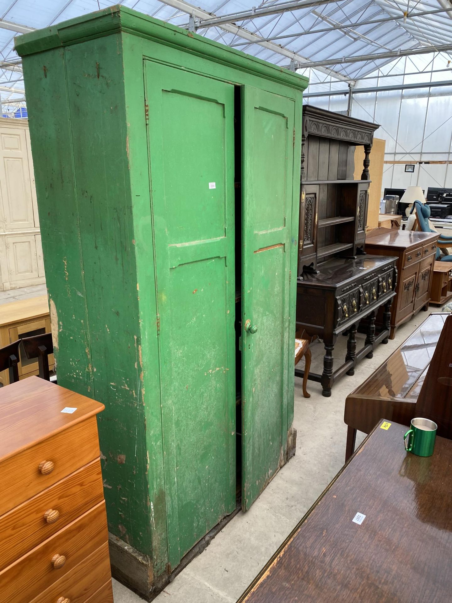 A VICTORIAN PINE TWO DOOR STORAGE CUPBOARD, 45" WIDE