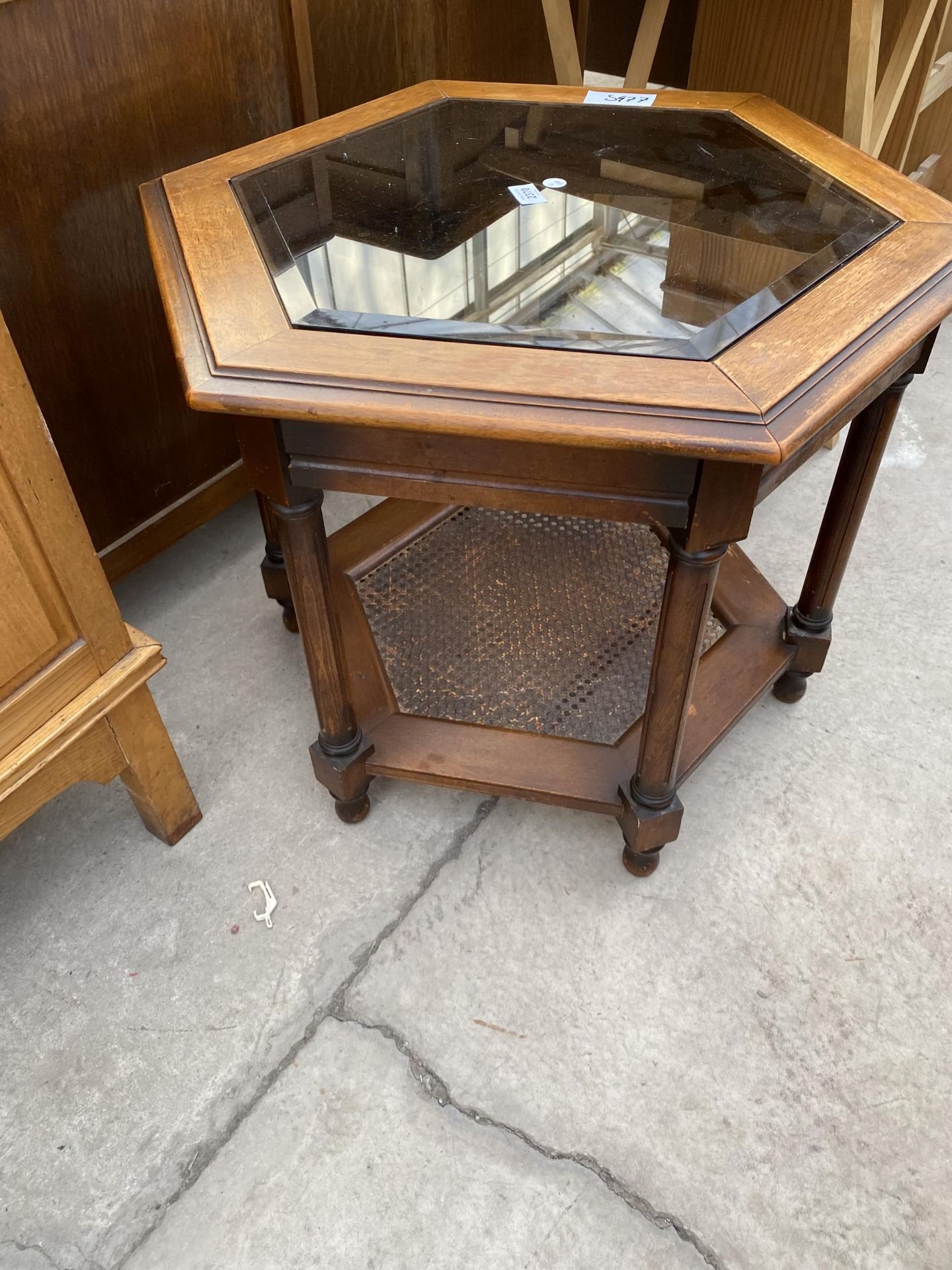 A MODERN HEXAGONAL COFFEE TABLE WITH GLASS INSET TOP AND SPLIT CANE BOTTOM TIER, 28" ACROSS MAX - Image 2 of 4