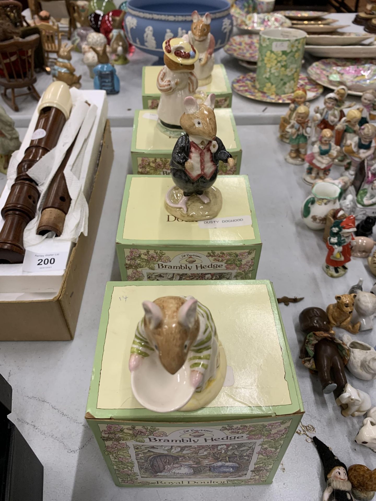 FOUR ROYAL DOULTON BRAMLEY HEDGE FIGURES TO INCLUDE MRS TOADFLAX, DUSTY DOGWOOD, LADY WOODMOUSE