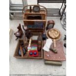 AN ASSORTMENT OF ITEMS TO INCLUDE TREEN FIGURES, A MAGAZINE RACK AND A CLOCK ETC