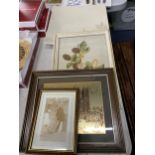 A MIXED LOT TO INCLUDE A LARGE SQUARE PLATE, A FRAMED EMBROIDERY, AND TWO FRAMED PRINTS