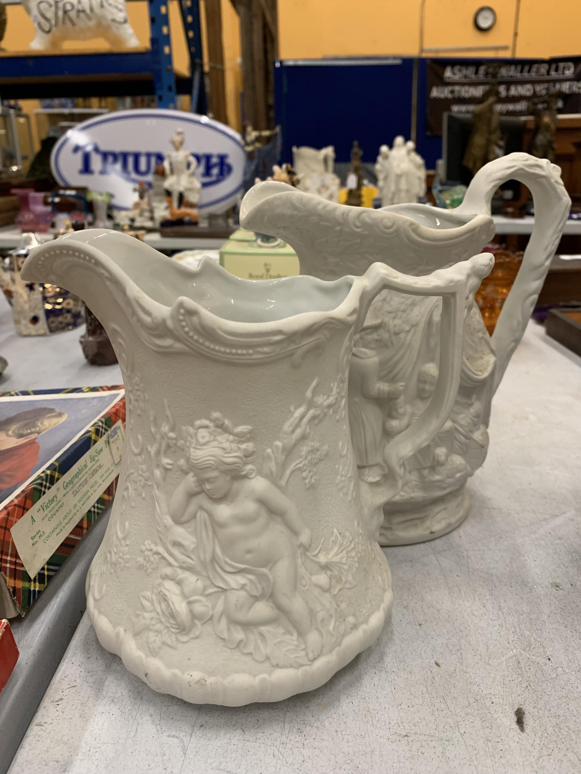 TWO PORTMEIRION PARIAN WARE JUGS HEIGHTS 19CM AND 20CM