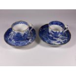 TWO 19TH CENTURY CHINESE QING EXPORT PORCELAIN CANTON BLUE & WHITE CUPS & SAUCERS