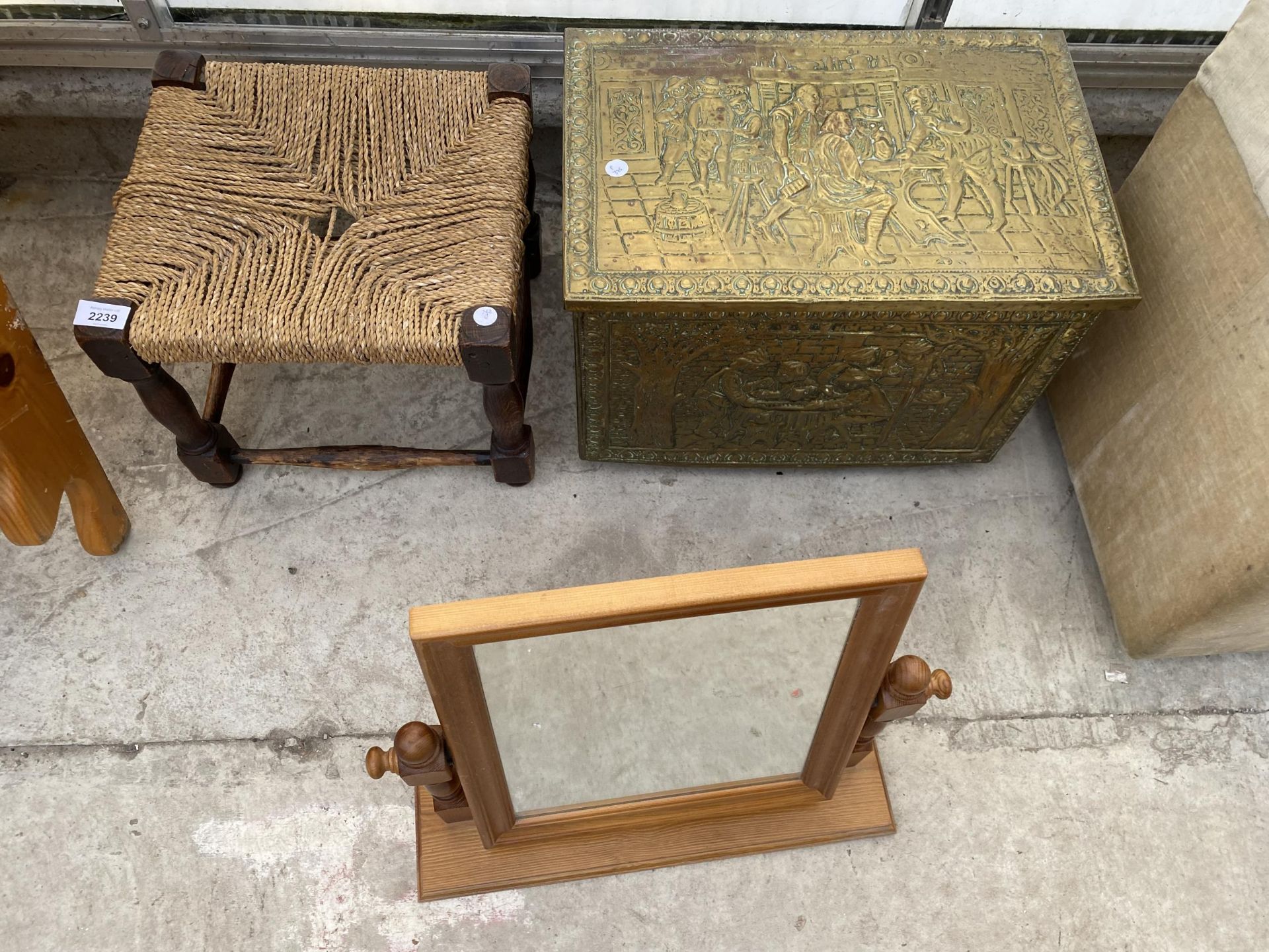 A PICNIC BASKET, MODERN OTTOMAN, SWING FRAME MIRROR, EMBOSSED BRASS COAL BOX AND OAK STOOL - Image 2 of 5