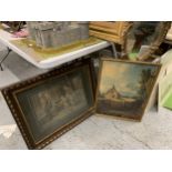 TWO FRAMED PRINTS, ONE OF A BARN IN A FIELD THE OTHER A VICTORIAN STREET SCENE