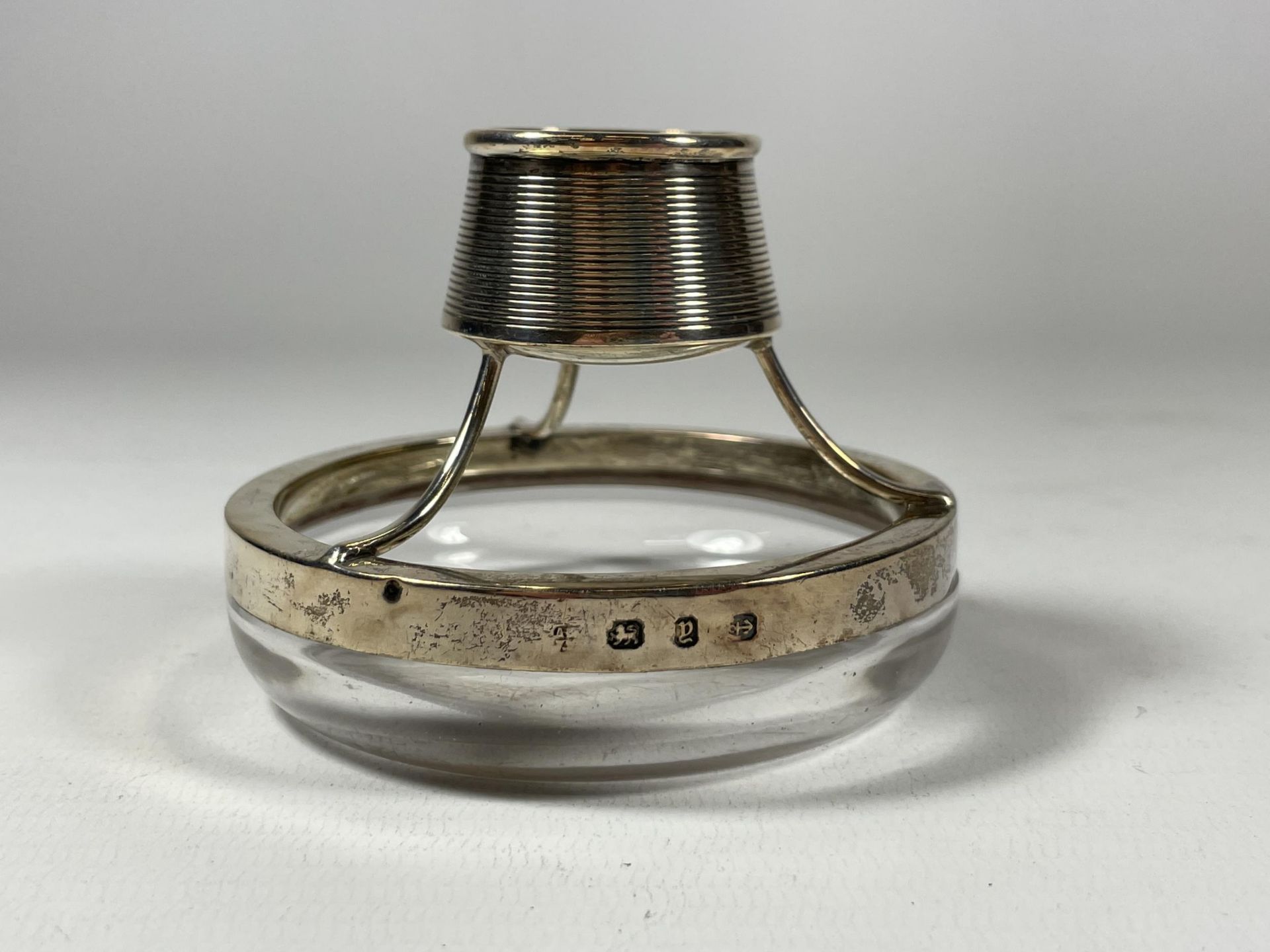 A VICTORIAN SILVER AND GLASS MATCH HOLDER, HALLMARKS FOR BIRMINGHAM, 1898