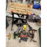 AN ASSORTMENT OF TOOLS TO INCLUDE A FOLDING WORK BENCH, A BRACE DRILL, PALM SANDER ETC