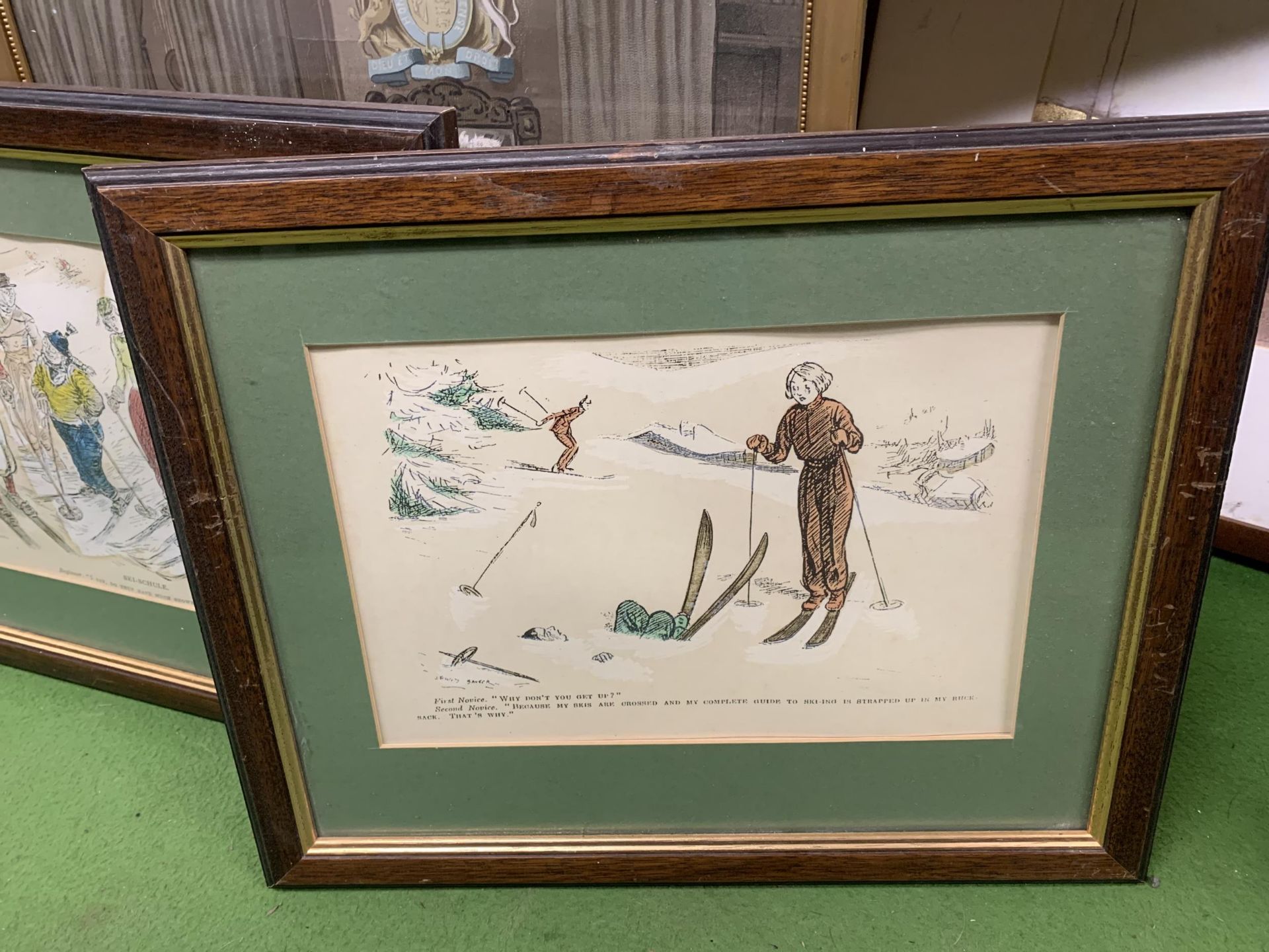 TWO FRAMED VINTAGE COMICAL PRINTS OF SKIIERS, ETC - 3 IN TOTAL - Image 2 of 4