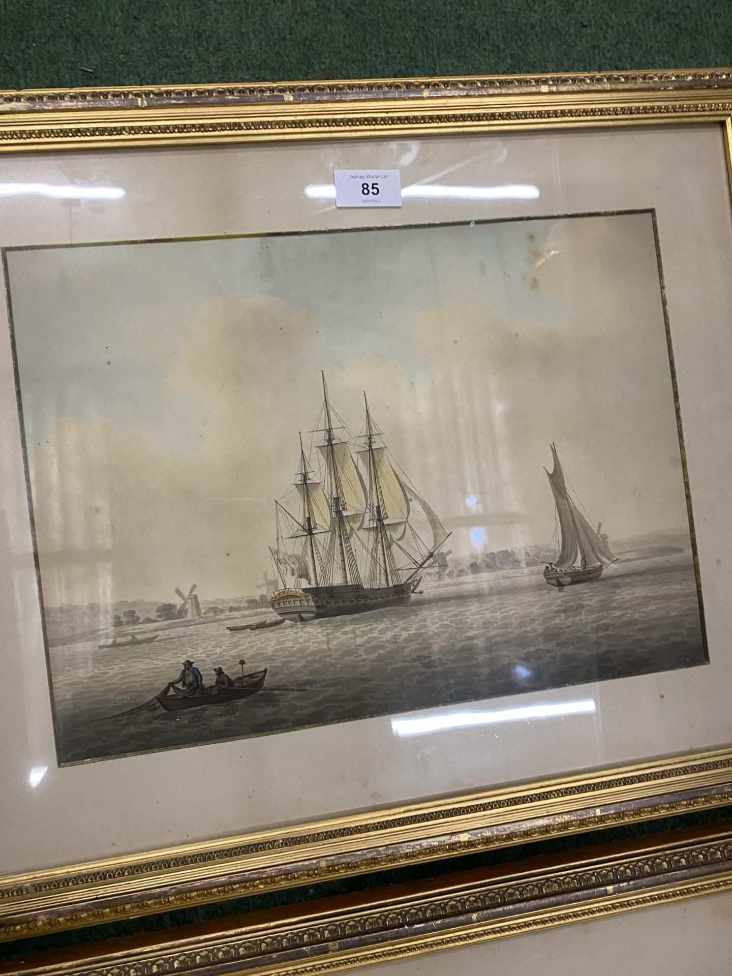 A PAIR OF 19TH CENTURY GILT FRAMED MARITIME / NAVAL WATERCOLOURS OF SAILING VESSELS, BOTH WITH - Image 2 of 8