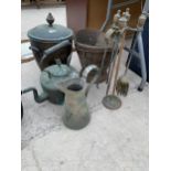 AN ASSORTMENT OF VINTAGE ITEMS TO INCLUDE A COPPER KETTLE, COPPER COAL BUCKET AND A FIRESIDE