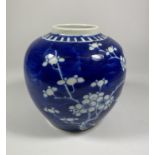 A LATE 19TH CENTURY CHINESE PORCELAIN PRUNUS PATTERN JAR, DOUBLE RING MARK TO BASE, HEIGHT 14CM