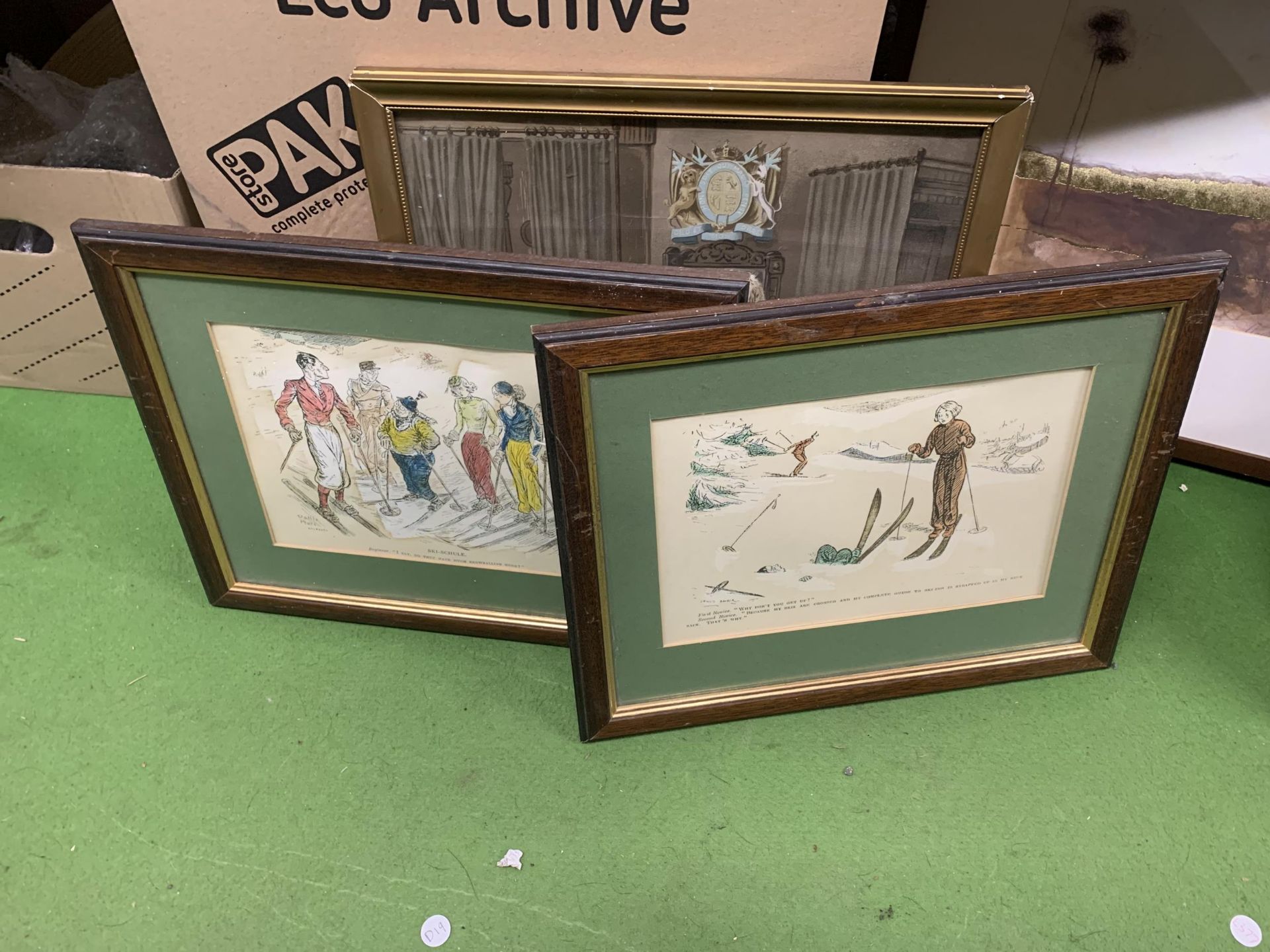 TWO FRAMED VINTAGE COMICAL PRINTS OF SKIIERS, ETC - 3 IN TOTAL