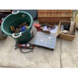 AN ASSORTMENT OF TOOLS TO INCLUDE A FOOT PUMP, WOOD PLANE AND HARDWARE ETC