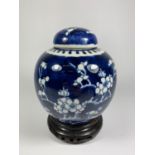 A LATE 19TH CENTURY CHINESE PORCELAIN PRUNUS BLOSSOM PATTERN GINGER JAR ON WOODEN BASE, DOUBLE