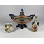 THREE PIECES OF HADLEY'S WORCESTER PORCELAIN - SMALL JUG, VASE AND TWIN HANDLED PEDESTAL VASE,