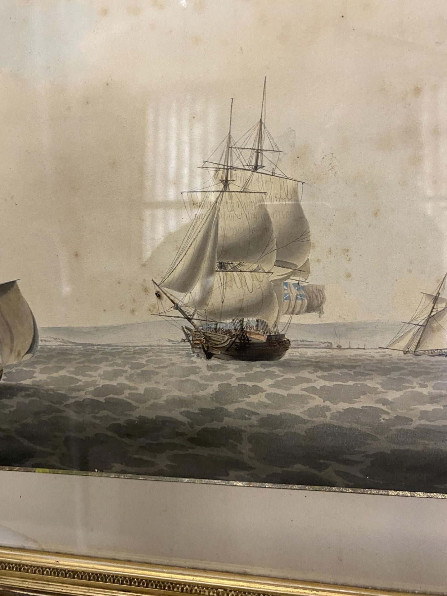 A PAIR OF 19TH CENTURY GILT FRAMED MARITIME / NAVAL WATERCOLOURS OF SAILING VESSELS, BOTH WITH - Image 5 of 8