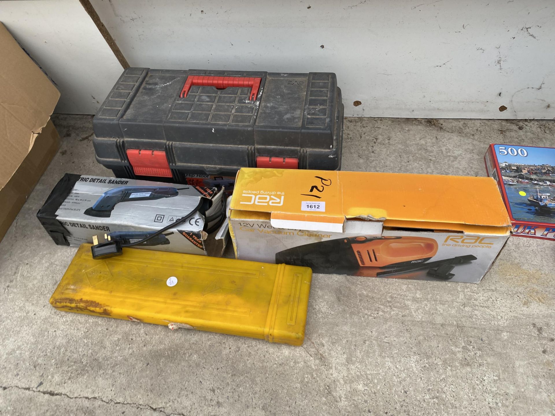 AN ASSORTMENT OF ITEMS TO INCLUDE A DETAIL SANDER, A CAR VACUUM AND A TOOL BOX ETC