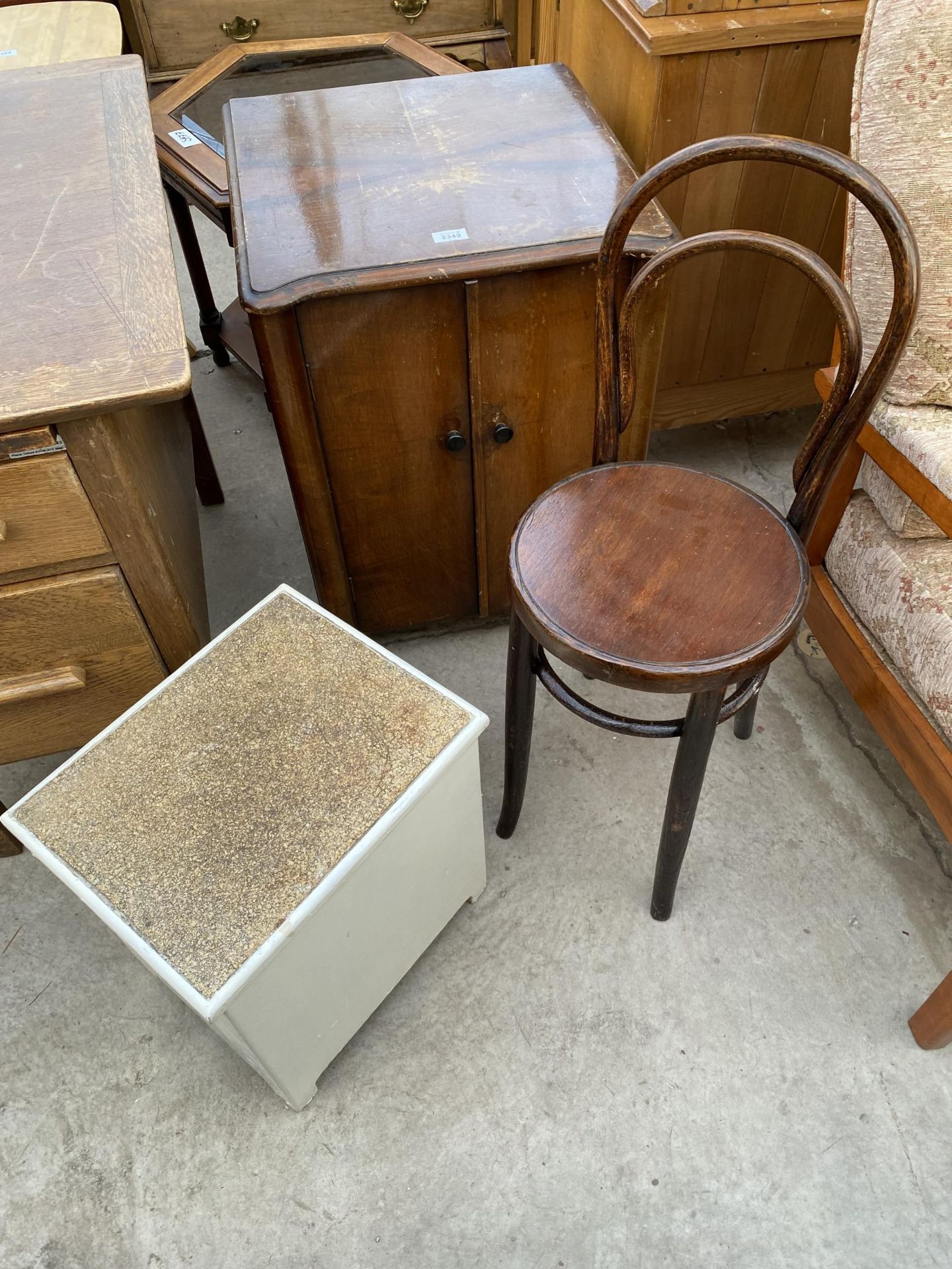 A BENTWOOD CHAIR, BATHROOM BOX AND CABINET