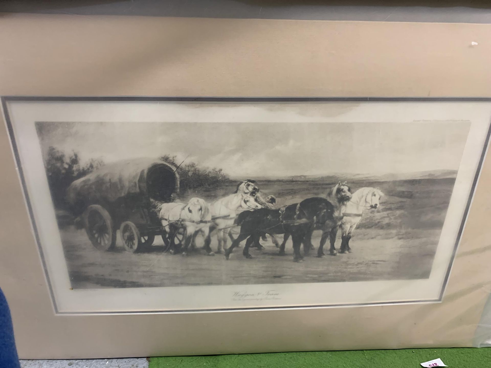 THREE CARDBOARD MOUNTED PRINTS TO INCLUDE 'WAGGON & TEAM', A HUNTING SCENE, ETC - Image 3 of 4
