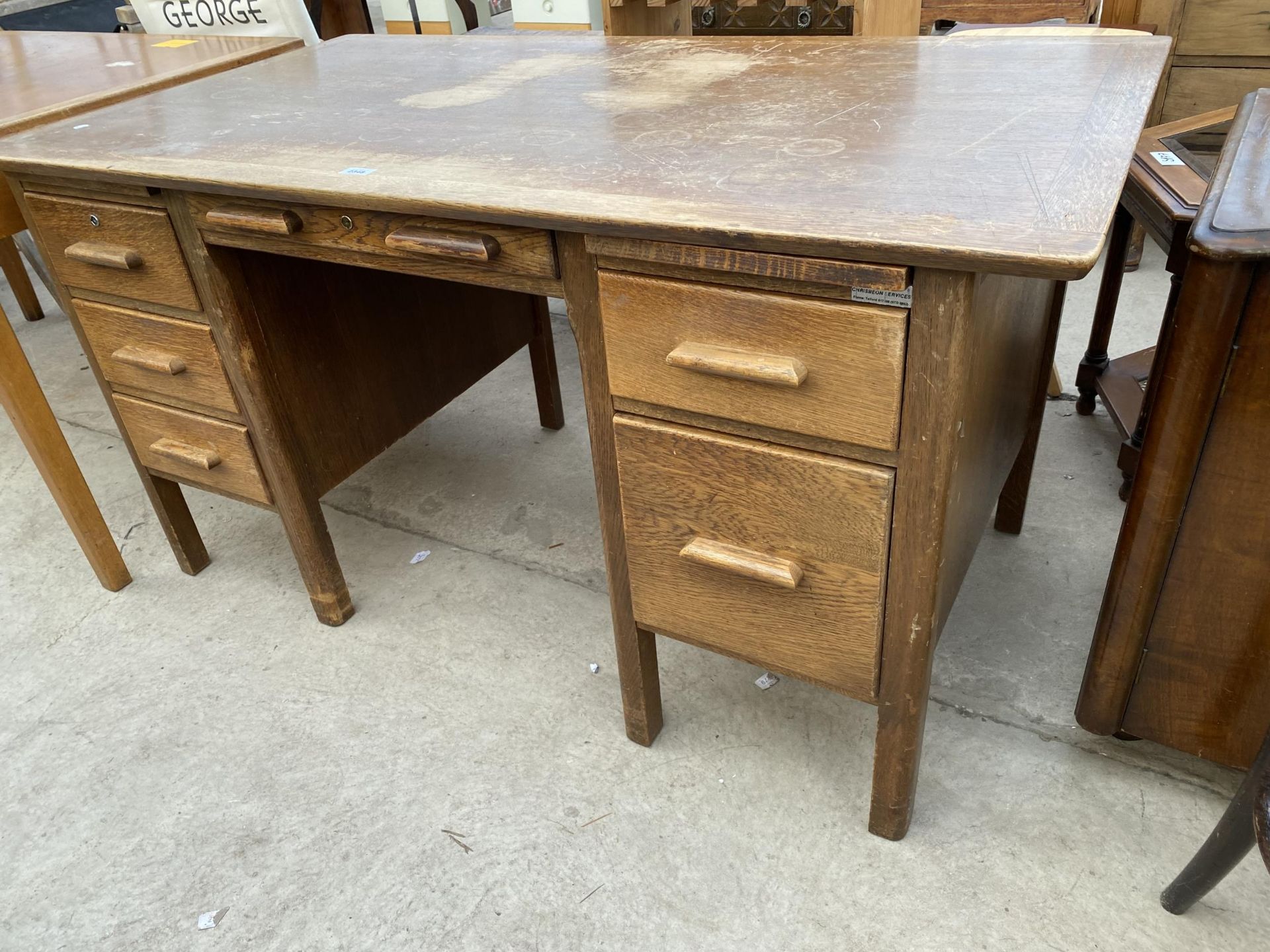 AN OAK TWIN PEDESTAL DESK, 54X30" - Image 2 of 4