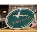AN ILLUMINATED DOUBLE SIDED JAGUAR SIGN ON STAND - WORKING AT TIME OF CATALOGUING APPROX 80CM X 53CM