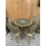 A VINTAGE STYLE CAST ALLOY BISTRO SET COMPRISING OF A ROUND TABLE AND FOUR CHAIRS