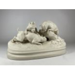 A 19TH CENTURY COPELAND PARIAN WARE FIGURE GROUP OF HUNTING DOGS, (A/F), 32CM LENGTH