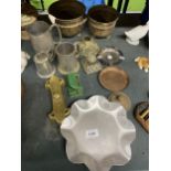 A QUANTITY OF ITEMS TO INCLUDE BRASS PLANTERS, TANKARDS, INKWELLS, ETC