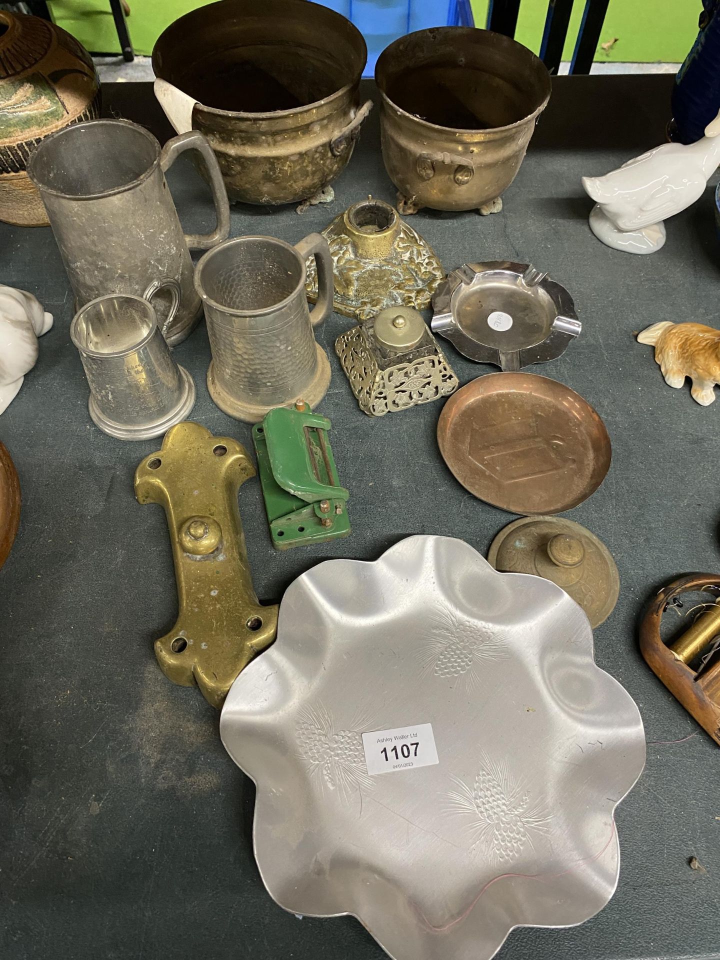 A QUANTITY OF ITEMS TO INCLUDE BRASS PLANTERS, TANKARDS, INKWELLS, ETC