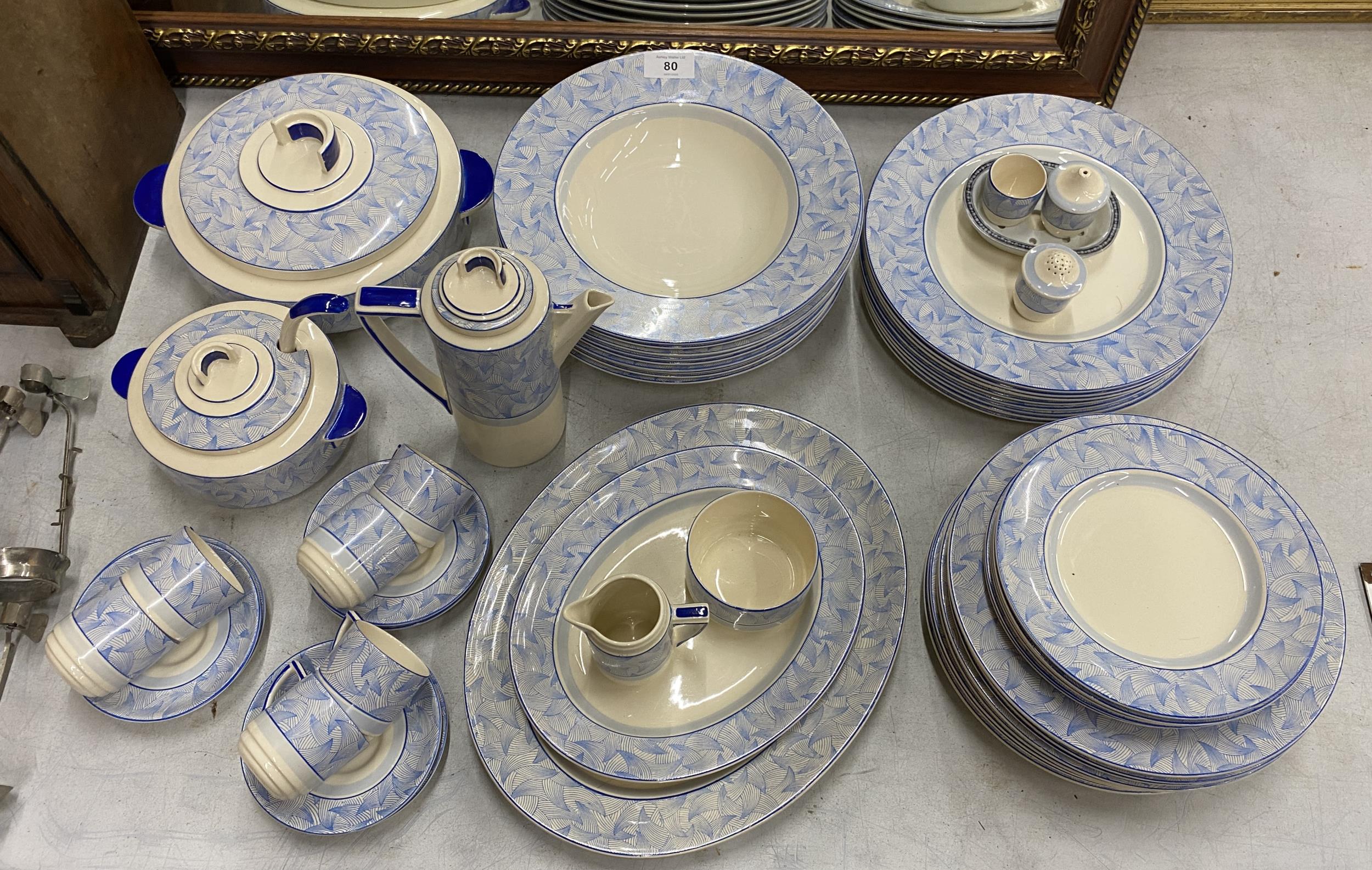 A FIFTY FIVE PIECE ART DECO 1920/1930'S ROYAL DOULTON 'ENVOY' PATTERN BLUE AND WHITE DINNER SERVICE