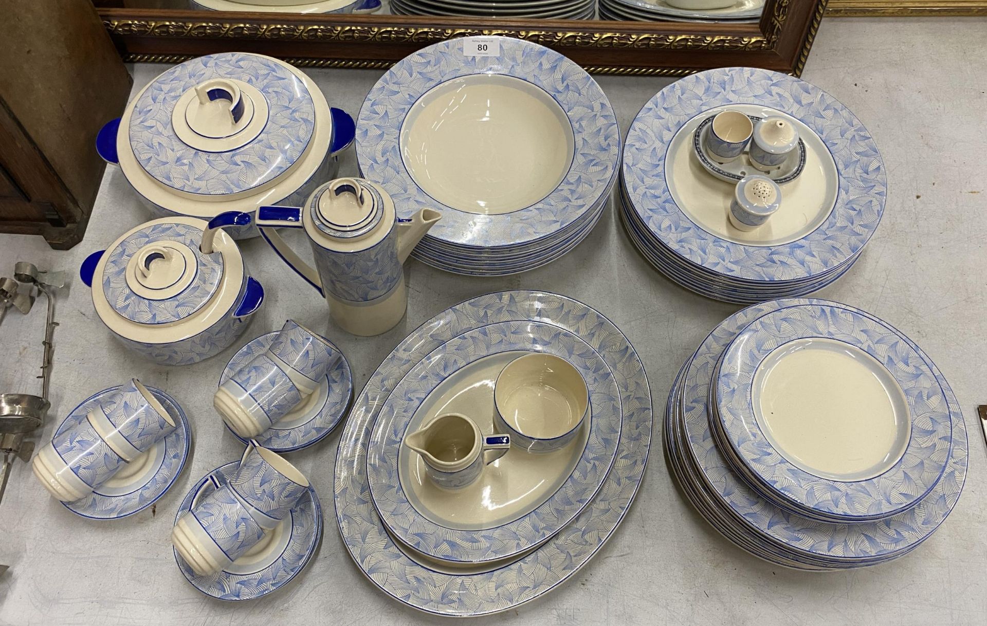 A FIFTY FIVE PIECE ART DECO 1920/1930'S ROYAL DOULTON 'ENVOY' PATTERN BLUE AND WHITE DINNER SERVICE