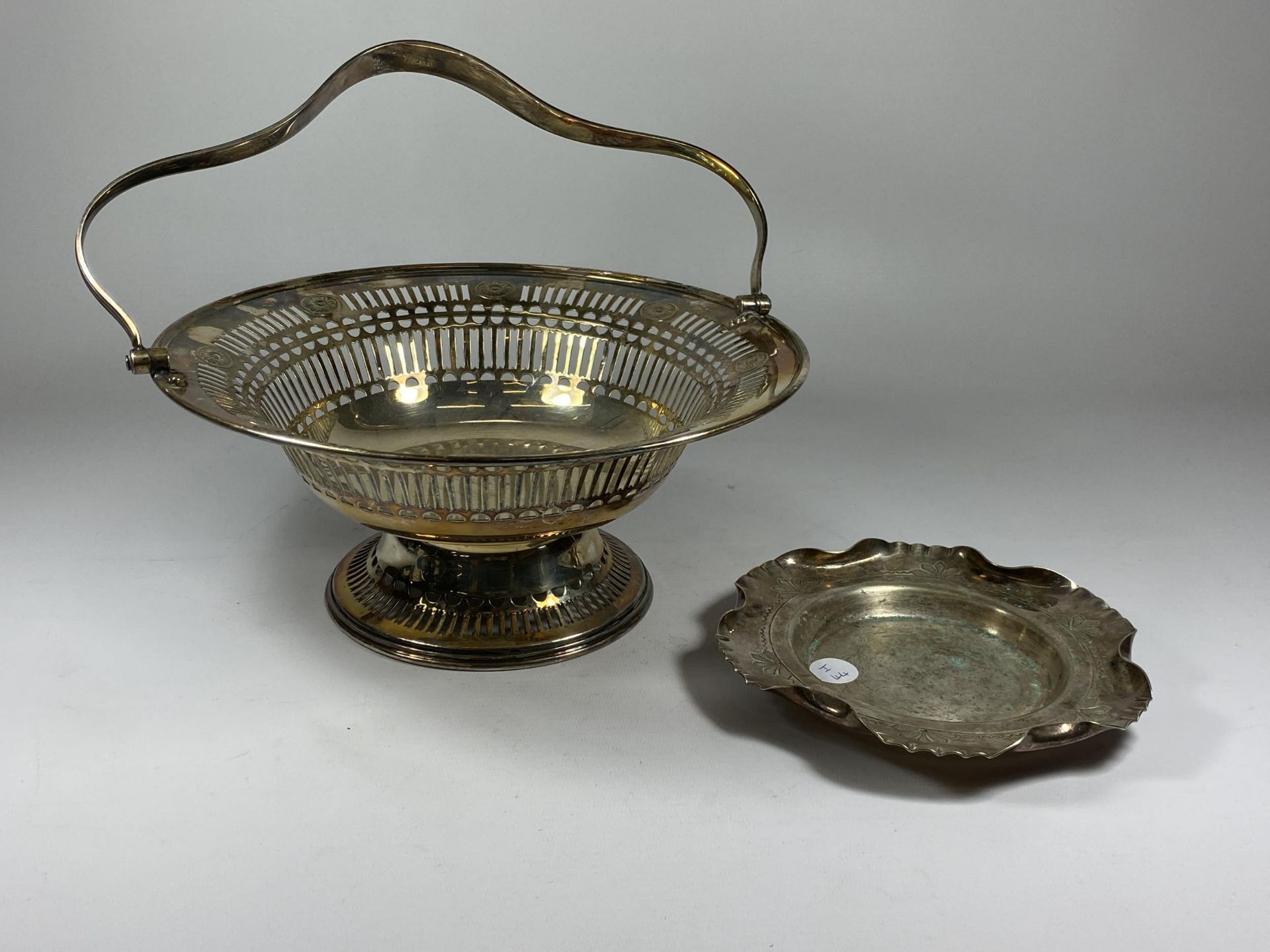 TWO VINTAGE SILVER PLATED ITEMS - PEDESTAL BOWL WITH PIERCED GALLERY DESIGN AND SMALLER DISH