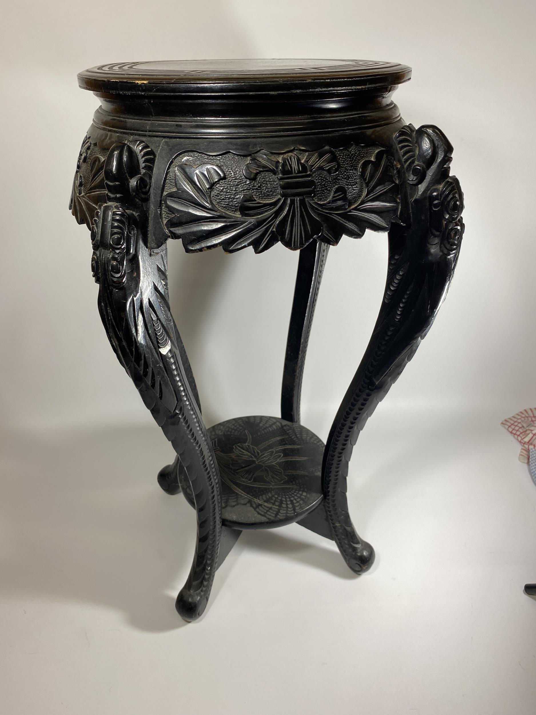 A LATE 19TH / EARLY 20TH CENTURY CHINESE HARDWOOD JARDINIERE STAND WITH CARVED FLORAL DESIGN, HEIGHT