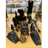 A QUANTITY OF AFRICAN TREEN ITEMS TO INCLUDE FIGURES, MASKS, ANIMALS, ETC