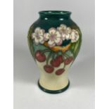 A MOORCROFT CHERRIES & BLOSSOM PATTERN VASE, DATED 1999, HEIGHT 17CM