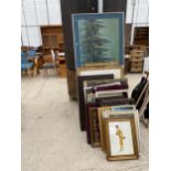 A LARGE ASSORTMENT OF FRAMED PICTURES, PRINTS AND MIRRORS ETC