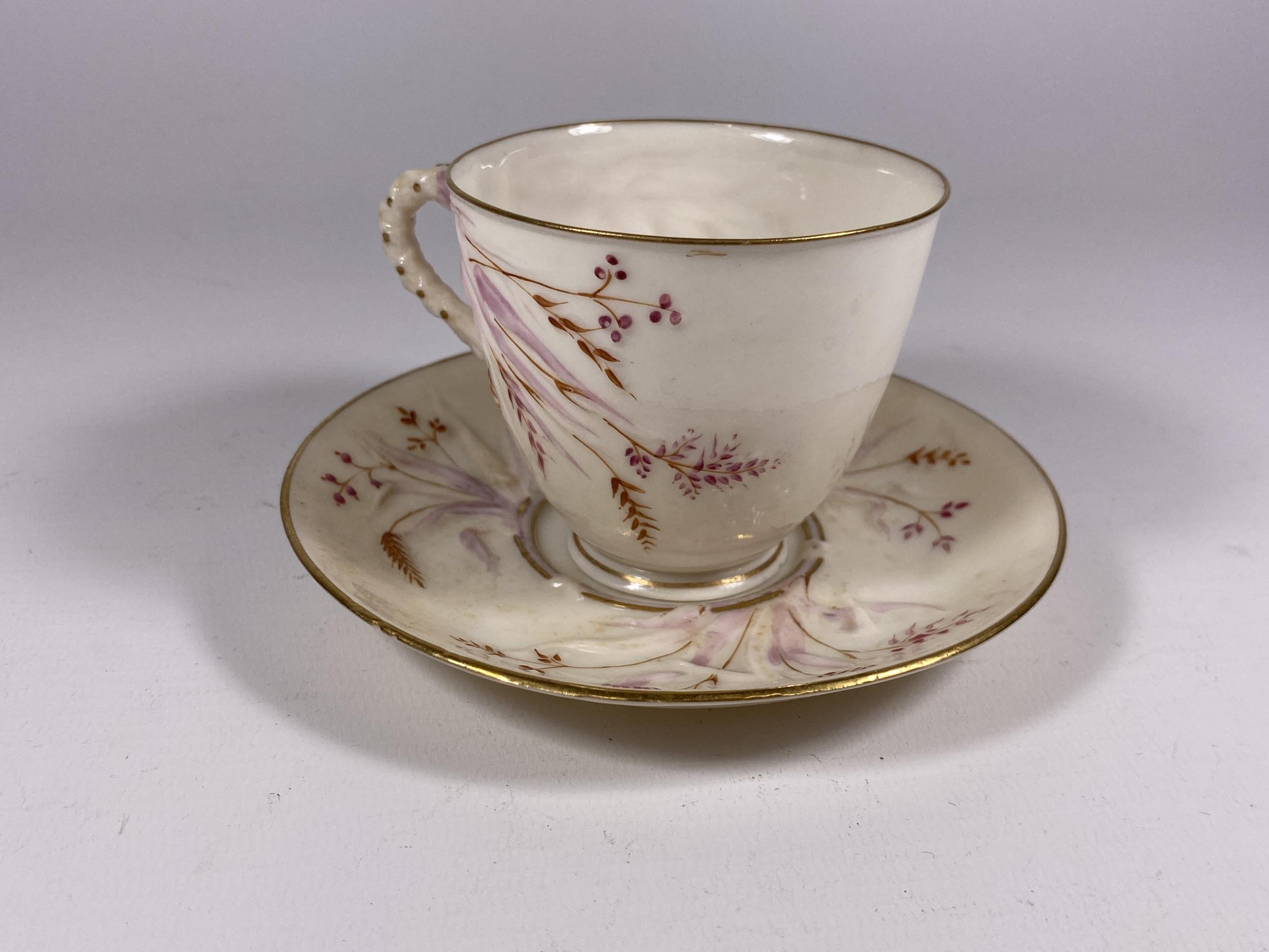 A BELLEEK CRESTED WARE CHINA GRASS PATTERN CUP & SAUCER, 2ND PERIOD MARK (1891-1926)