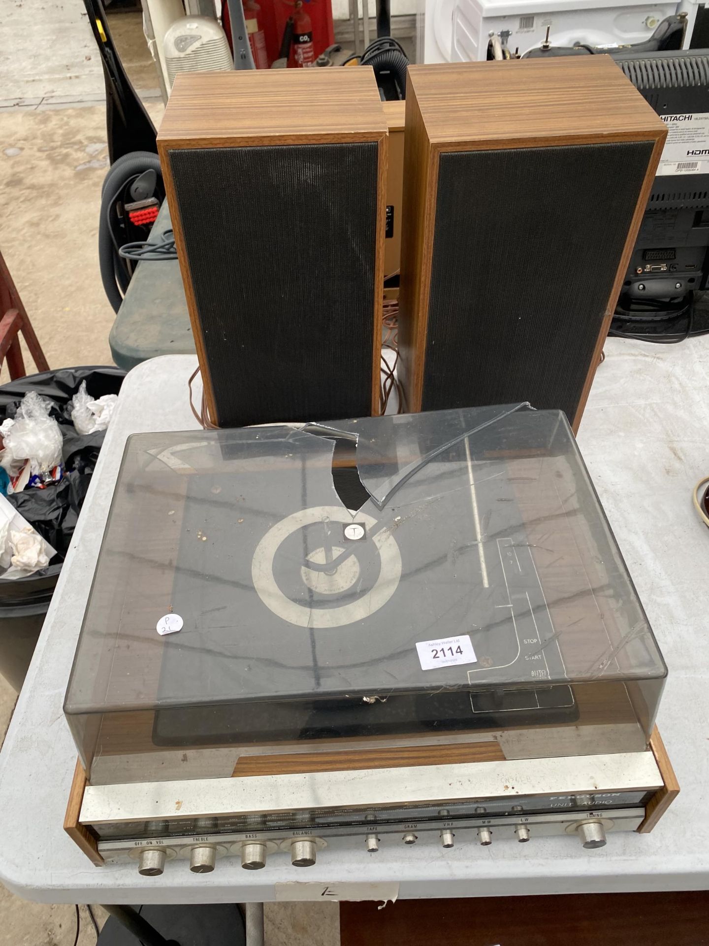 A FERGUSON RECORD PLAYER AND A PAIR OF WOODEN CASED SPEAKERS