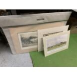 THREE CARDBOARD MOUNTED PRINTS TO INCLUDE 'WAGGON & TEAM', A HUNTING SCENE, ETC