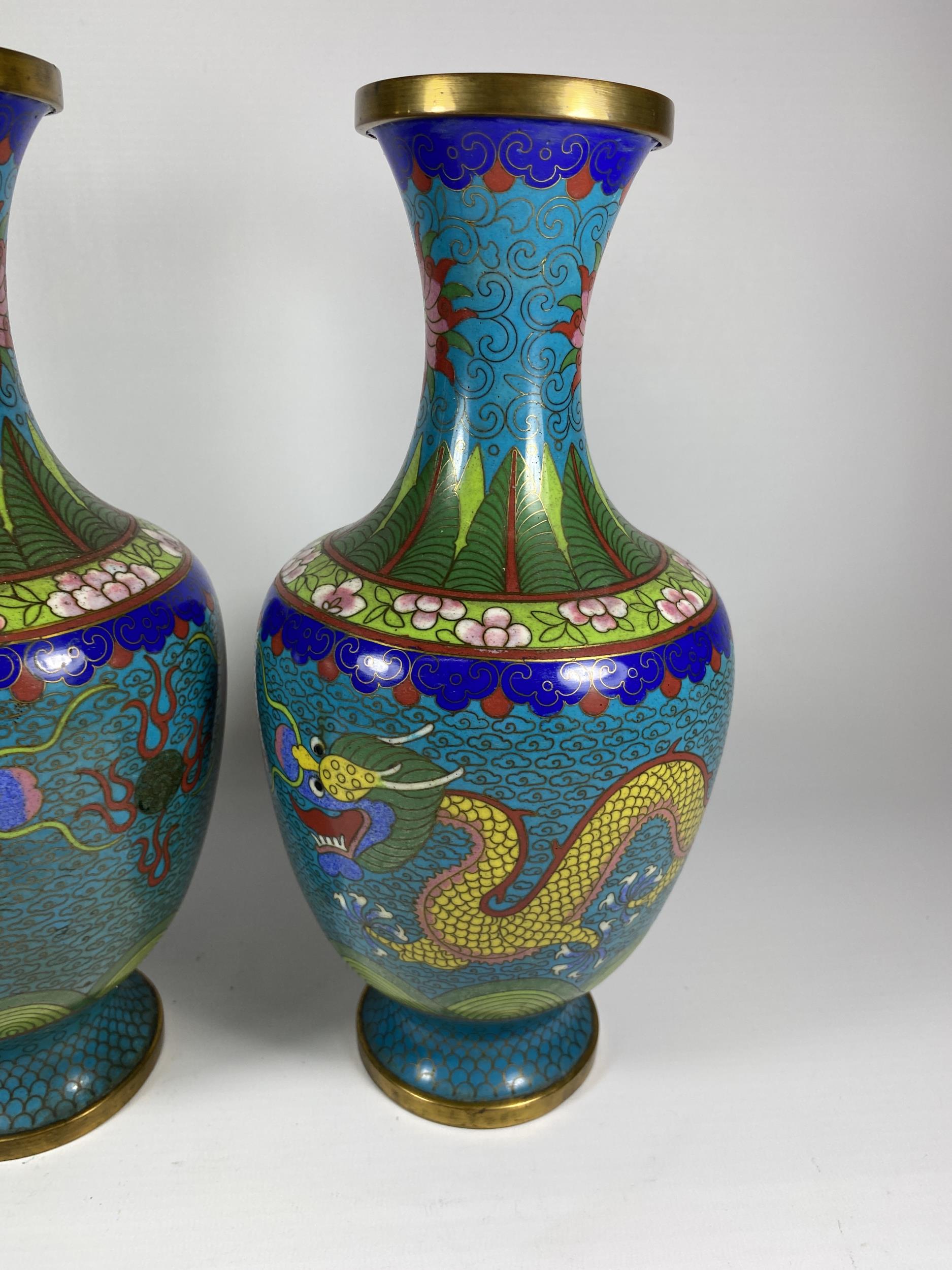 A PAIR OF CHINESE CLOISONNE BALUSTER FORM VASES WITH FIVE CLAW DRAGON CHASING THE FLAMING PEARL - Image 3 of 5