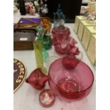 A QUANTITY OF COLOURED GLASSWARE TO INCLUDE CRANBERRY, AMBER, GREEN AND BLUE, JUGS, BOWLS, VASES,