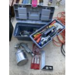 A TOOL BOX CONTAINING AN ASSORTMENT OF TOOLS TO INCLUDE A COMPRESSOR SPRAYER, CHISELS AND SCREW