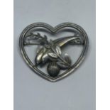A GEORG JENSON SILVER BROOCH IN A HEART AND DOLPHIN 312 IN A PRESENTATION BOX