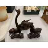 THREE PIECES OF CARVED TREEN TO INCLUDE TWO HORSES AND A SWAN WITH AN ARTICULATED NECK