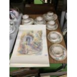 SIX VINTAGE CHINA FLORAL PATTERNED TRIOS, A CAKE PLATE PLUS TWO PRINTS OF ITALIAN VILLAS