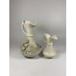 TWO BELLEEK CRESTED WARE CHINA JUGS / EWERS, BOTH WITH 2ND MARK TO BASE (1891-1926), HEIGHT OF