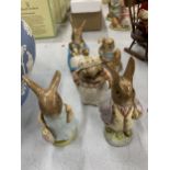 FOUR BESWICK BEATRIX POTTER FIGURES TO INCLUDE MR BENJAMIN BUNNY, MRS FLOPSY BUNNY, OLD MR BOUNCER