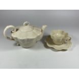A BELLEEK CRESTED WARE CHINA TEAPOT AND CUP & SAUCER, BOTH 2ND PERIOD MARK (1891-1926)